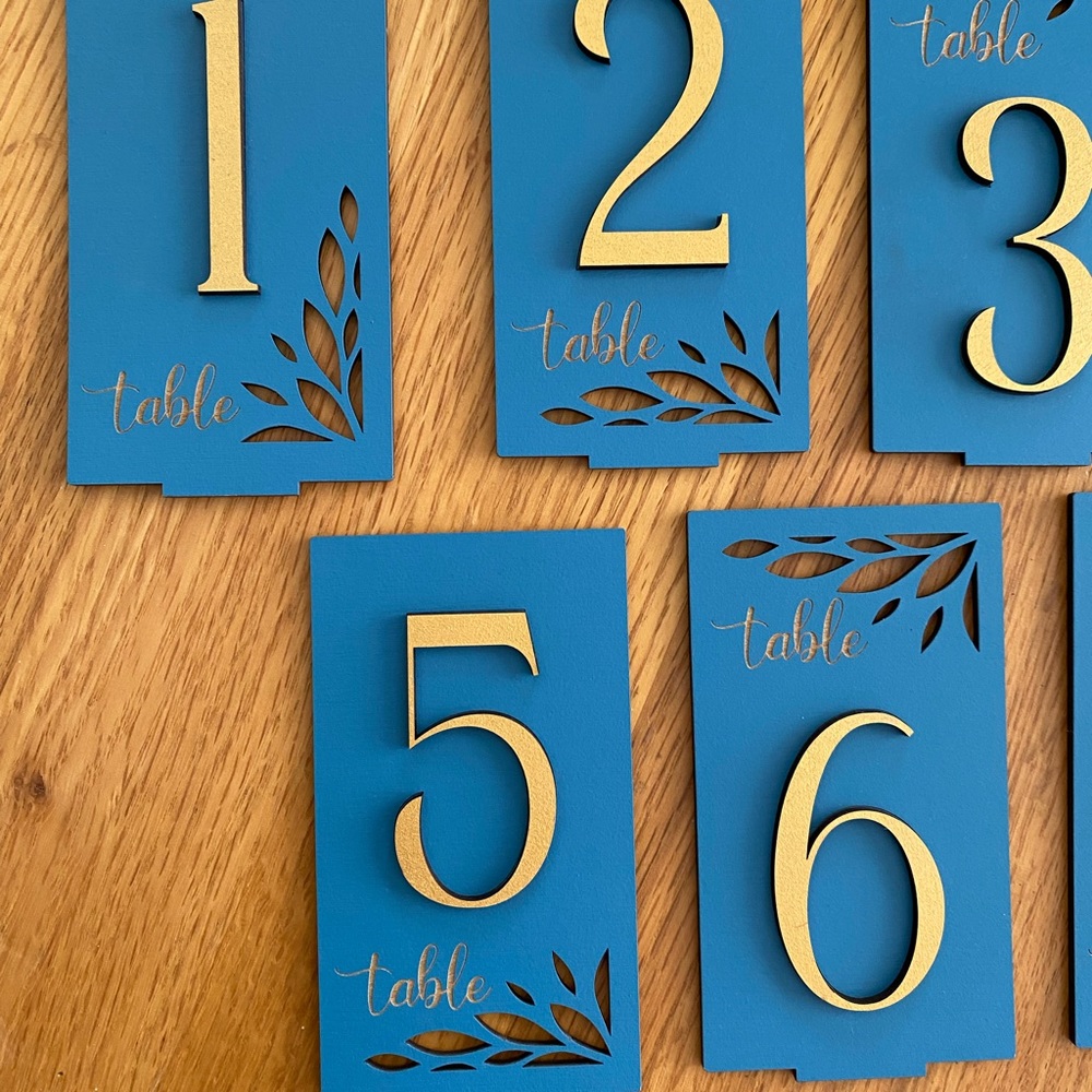Wooden Table Numbers 1-7 Standing, Handmade, Blue and Gold, for Events/ Weddings - Picture 5 of 9